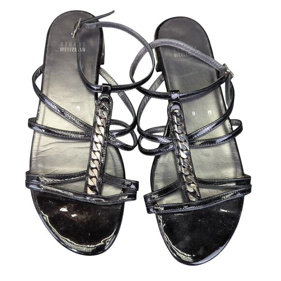 Stuart Weitzman Gladiator Strap Sandals Black Leather Silver Chain Women's 8 - Picture 5 of 7